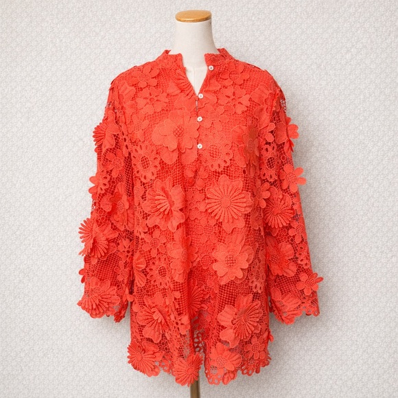 J. Marie Seraphina Coral Lace Dress Floral Appliqué Size M - Picture 3 of 4
